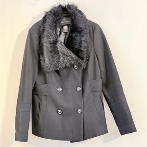 Moda International Black Double Breasted Pea Coat with Faux Fur Collar Size M